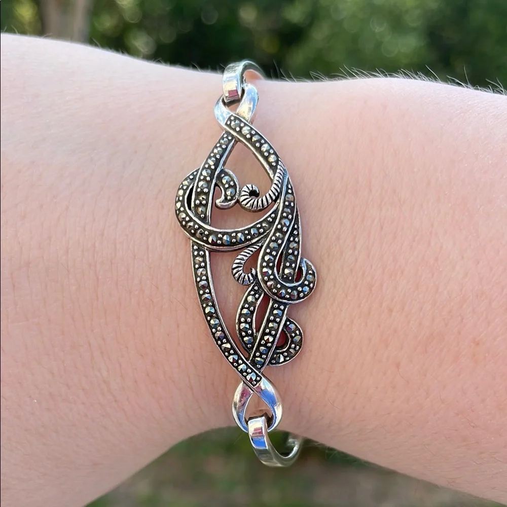 Vintage Suspicion 925 Sterling Silver & Marcasite Swirls Tension Bangle Bracelet